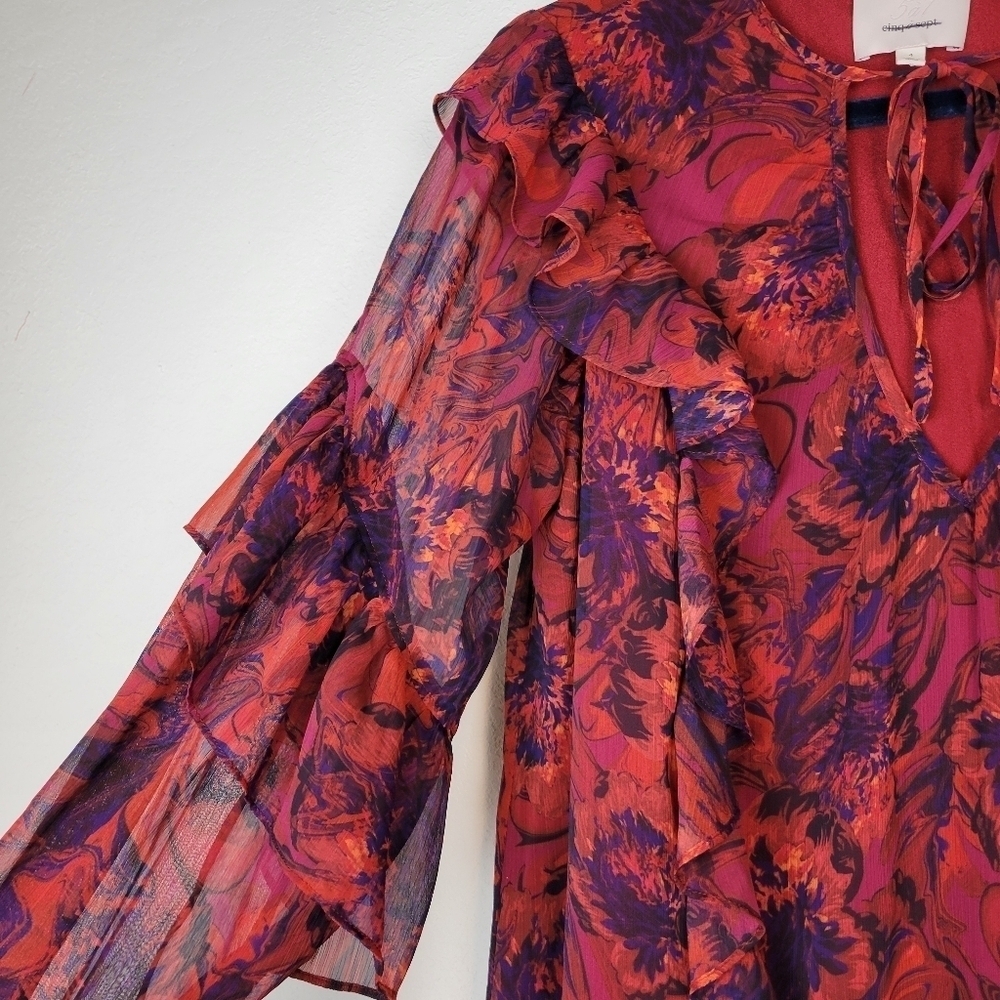 NEW Cinq a Sept Livie Floral Tiered Ruffle Chiffon Dress Dark Red Size 4 - Picture 7 of 13